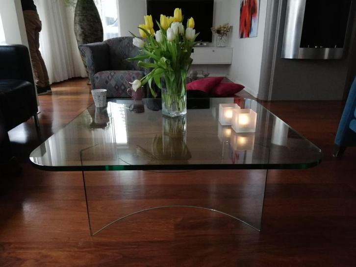 Design glazen salontafel, vierkant, Galotti Design Glass, Huis en Inrichting, Tafels | Salontafels, Gebruikt, Minder dan 50 cm