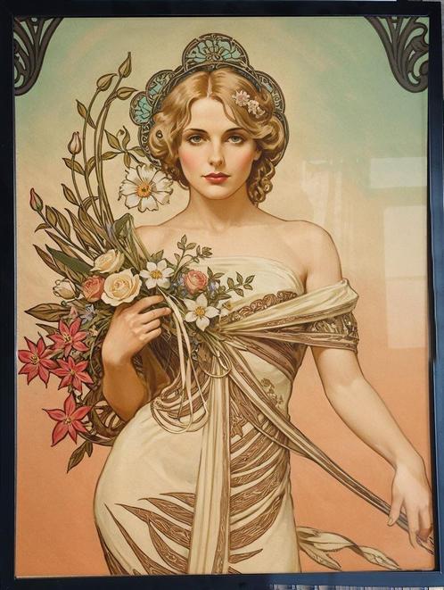 Uniek Alphonse Mucha Art Nouveau dag Poster in lijst, Antiek en Kunst, Kunst | Litho's en Zeefdrukken, Verzenden