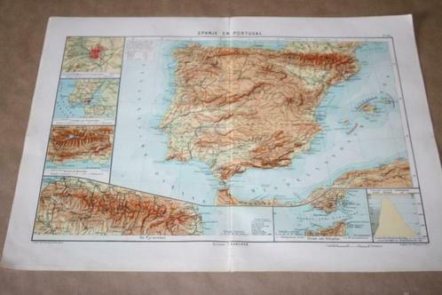 Antieke kaart - Spanje en Portugal - Circa 1910 !!, Boeken, Atlassen en Landkaarten, Gelezen, Spanje, Ophalen of Verzenden