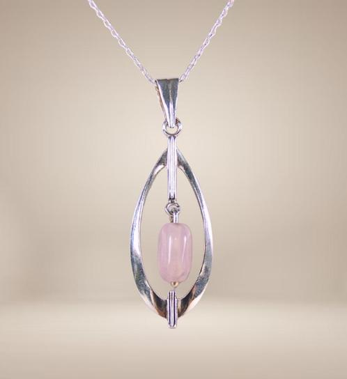 Prachtige 835 zilver MODERNIST roze kwarts hanger ketting!, Sieraden, Tassen en Uiterlijk, Kettinghangers, Zo goed als nieuw, Zilver