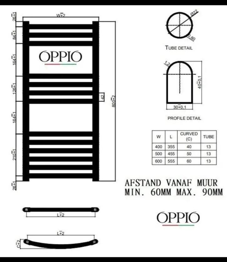 2 stuks handdoek radiator zwart van OPPIO in doos., Doe-het-zelf en Verbouw, Verwarming en Radiatoren, Nieuw, Radiator, 200 tot 500 watt
