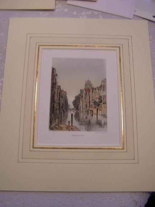 3x gravure Dordrecht. Mooi gekleurd, Dujardin 1880 12x17 cm, Antiek en Kunst, Kunst | Etsen en Gravures, Ophalen of Verzenden