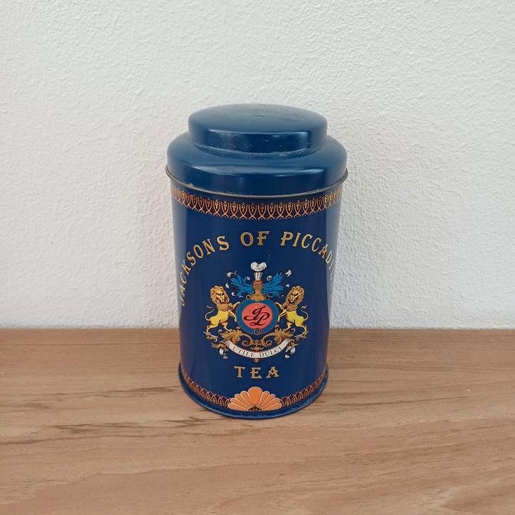 Theeblik Jacksons of Piccadilly blauw, Verzamelen, Blikken, Gebruikt, Thee, Overige merken, Ophalen of Verzenden