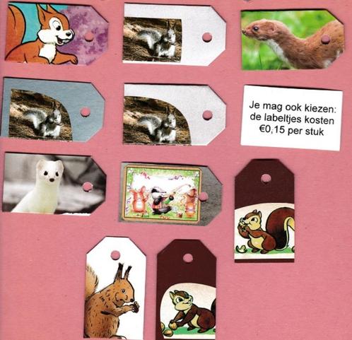 0207) eekhoorn, das, marter, wezel, knabbel en babbel labelt, Verzamelen, Dierenverzamelingen, Zo goed als nieuw, Ophalen of Verzenden