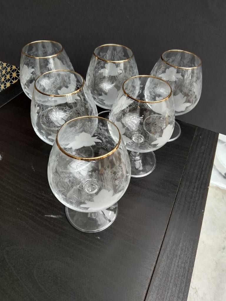 Vintage cognac glazen - bladeren en druiven ranken, set v 6, Ophalen of Verzenden, Zo goed als nieuw, Overige typen