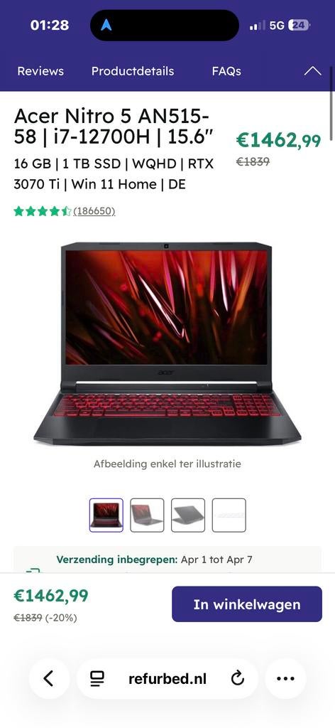 Acer Nitro 5 AN515-58 | i7-12700H | 16GB RAM | 1TB SSD, Computers en Software, Windows Laptops, Ophalen, Met videokaart, 2 tot 3 Ghz