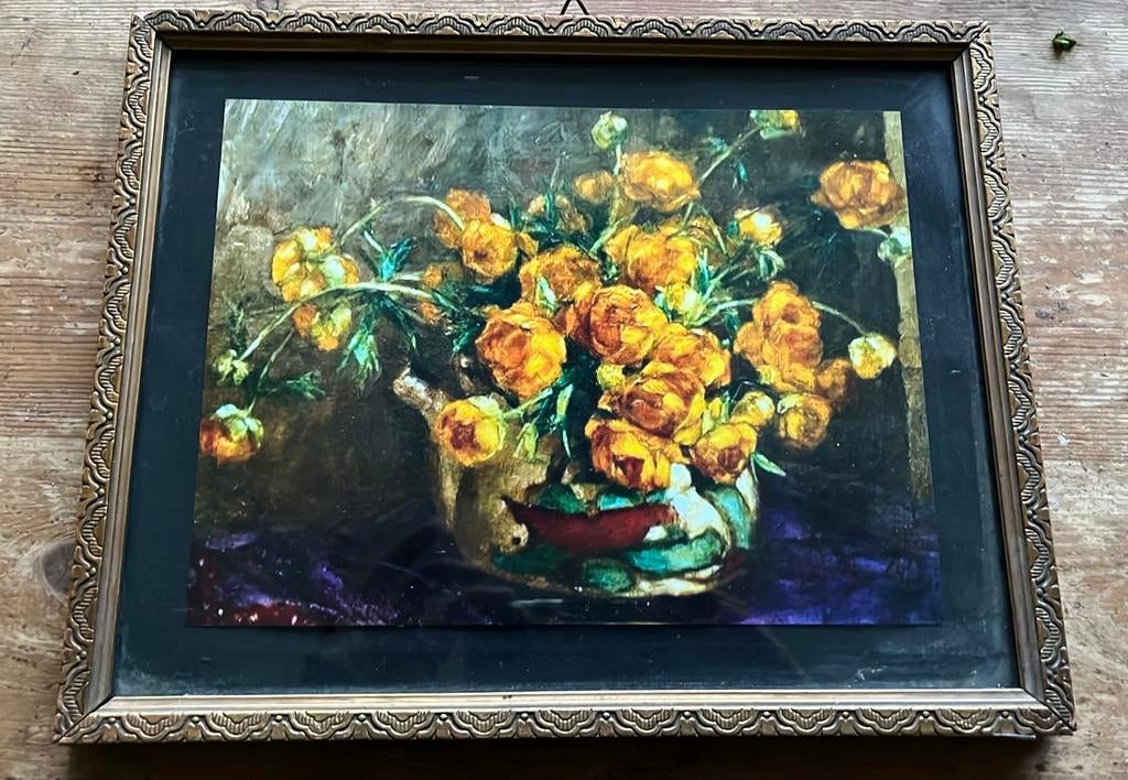 Oude goudkleurige lijst met afbeelding gele tulpen ranonkels, Ophalen of Verzenden