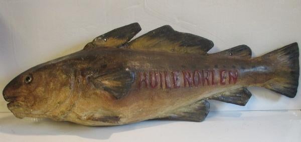 antiek papier mache uithangbord vis reclame visolie, Verzenden