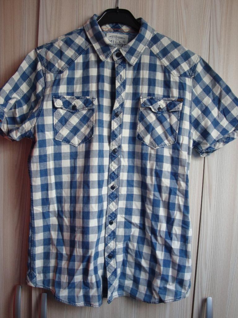 Cloud dancer met blauw overhemd met korte mouwen. Maat L., Kleding | Heren, Overhemden, Zo goed als nieuw, Halswijdte 41/42 (L)