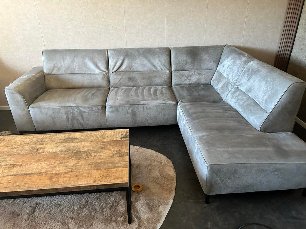 Grijze microlederen hoekbank van Profijtmeubel, Overige materialen, 250 tot 300 cm, Gebruikt, 100 tot 125 cm
