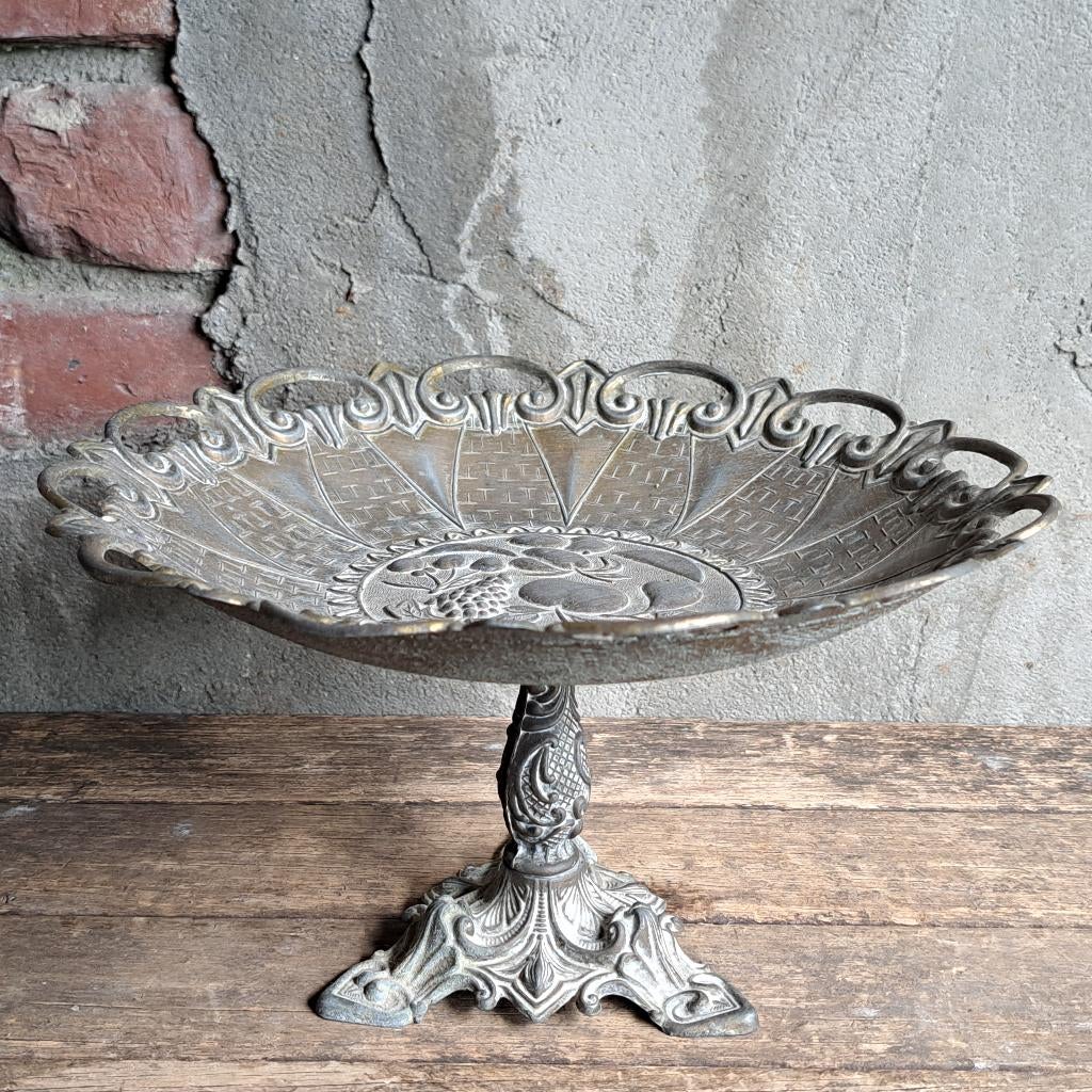 Brocante oude koperen étagère schaal op voet *Etage3*, Gebruikt, ., Ophalen of Verzenden, .