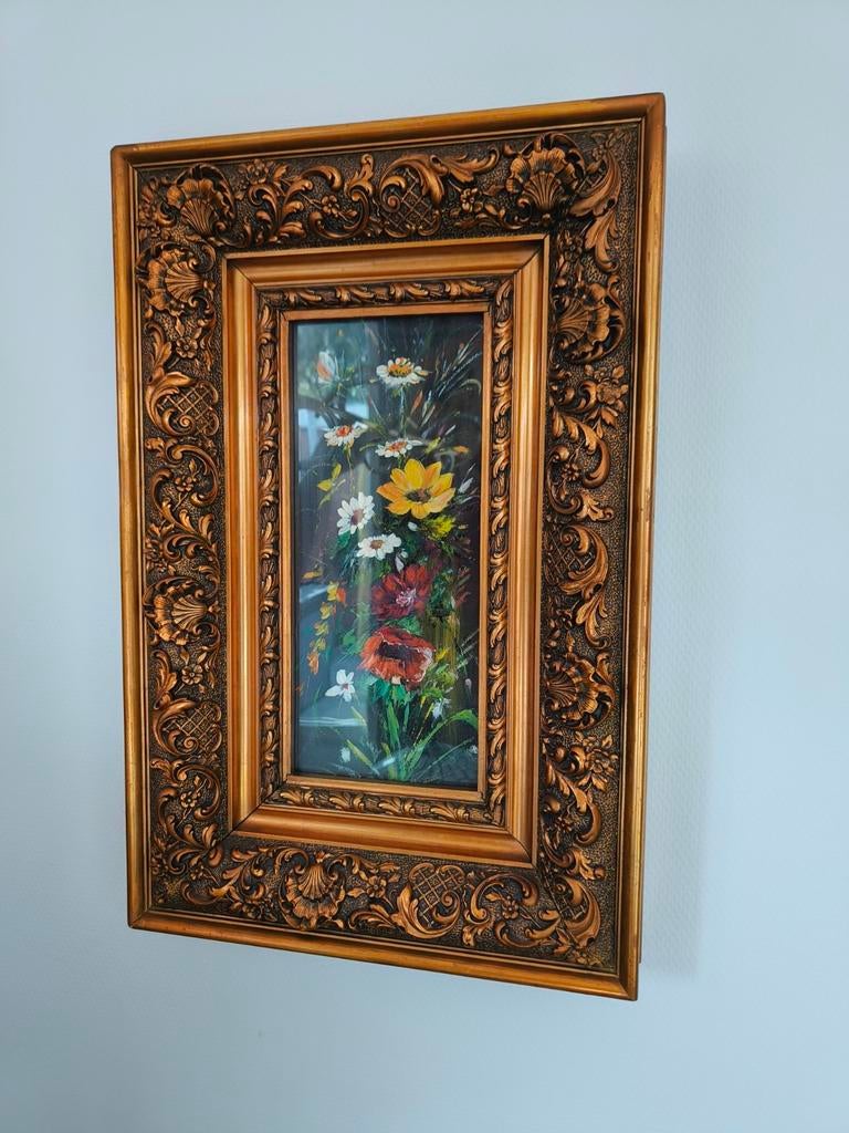 Mooi schilderij met bloemen tafereel achter glas, Ophalen