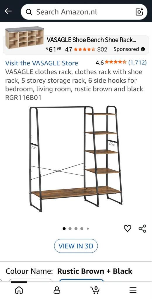 VASAGLE Kledingrek met schoenenrek en planken - RGR116B01, Ophalen, Nieuw