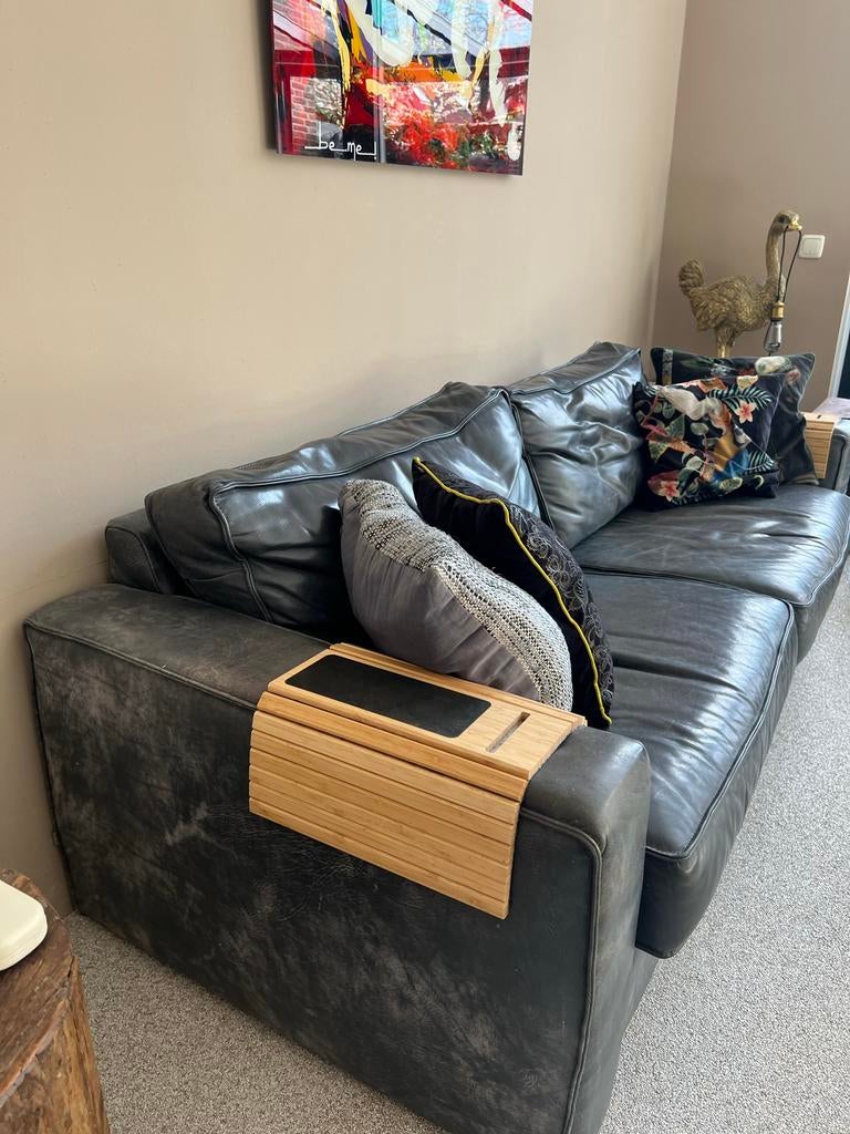 Donkerblauwe leren driezitsbank en love seat, Gebruikt, Driepersoons, Ophalen of Verzenden, Rechte bank