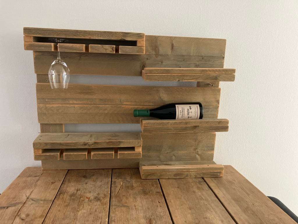 Wijnrek wand van steigerhout met glazenhouder, Ophalen, Nieuw, Hout