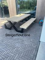 Steigerhouten picknicktafel met stalen X-poten, Ophalen of Verzenden, Nieuw, Rechthoekig, Hout