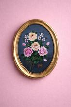 Vintage Ovale Bloemenschilderij - Gesigneerd 'INES', Antiek en Kunst, Ophalen of Verzenden