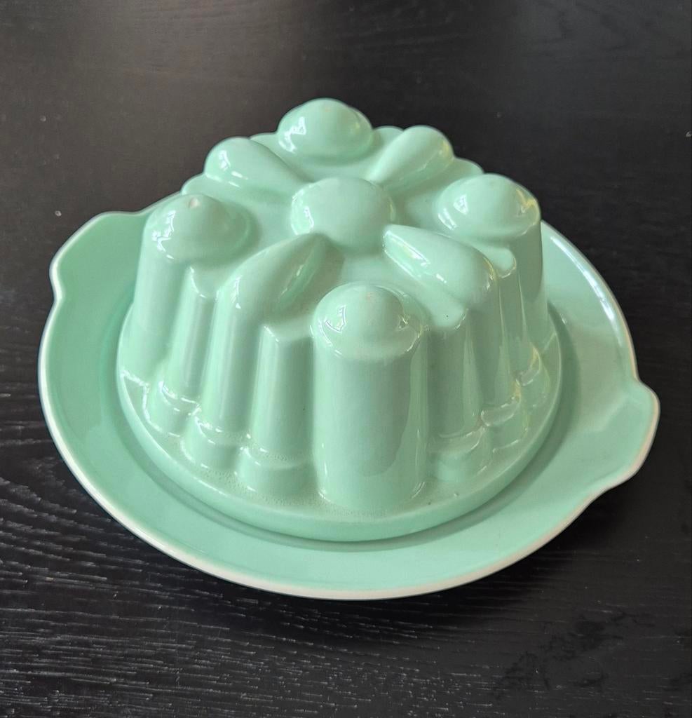 Vintage Puddingvorm met schaal - Mintgroen keramiek, Ophalen of Verzenden, Steen/keramiek, Groen, Overige typen
