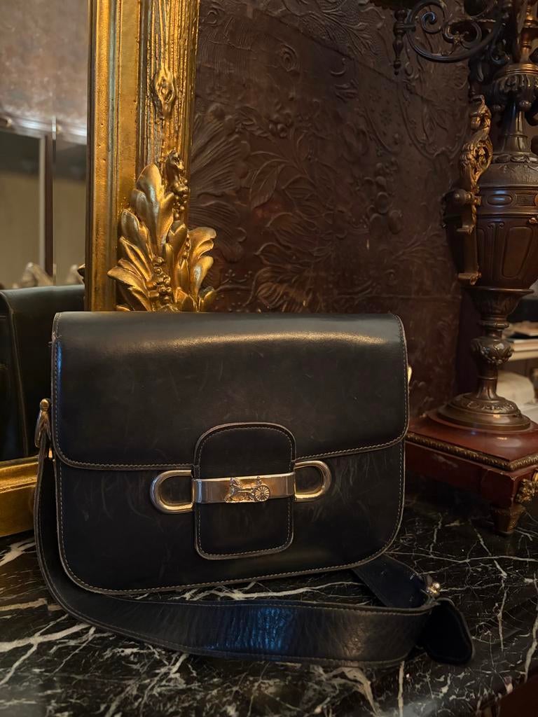Vintage Celine schoudertas in zwart leer, Overige merken, Gebruikt, Zwart, Ophalen of Verzenden