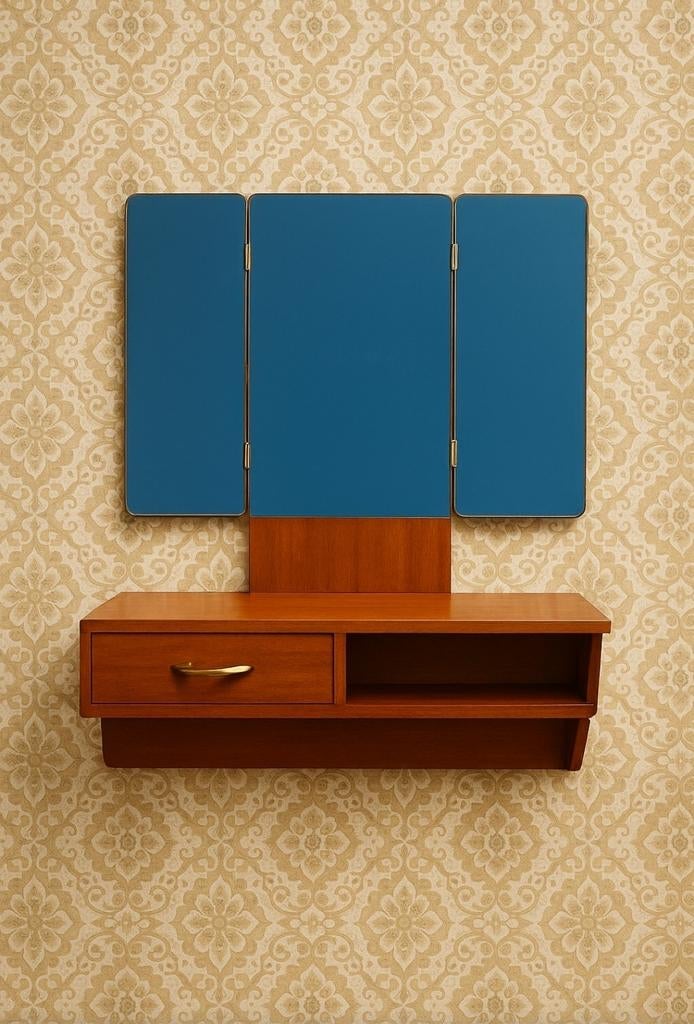 Retro vintage wandkastje met spiegel, make-up tafel met lade, Ophalen, Minder dan 50 cm, Gebruikt, Vintage