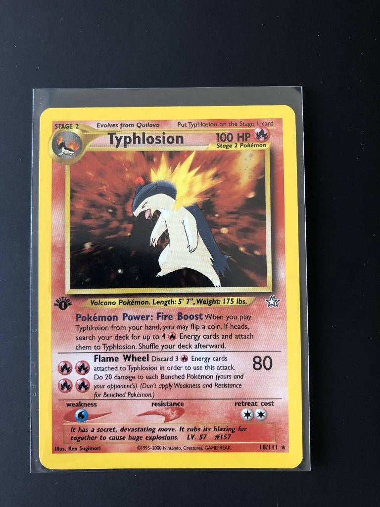 Typhlosion neo genesis holo 1ste editie, Ophalen of Verzenden, Nieuw, Losse kaart