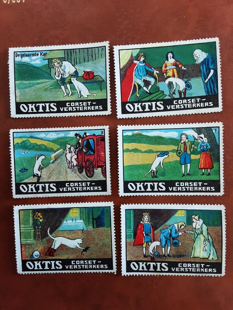 Sluitzegels serie De gelaarsde Kat reclame Oktis corsetten, Verzamelen, Ophalen of Verzenden