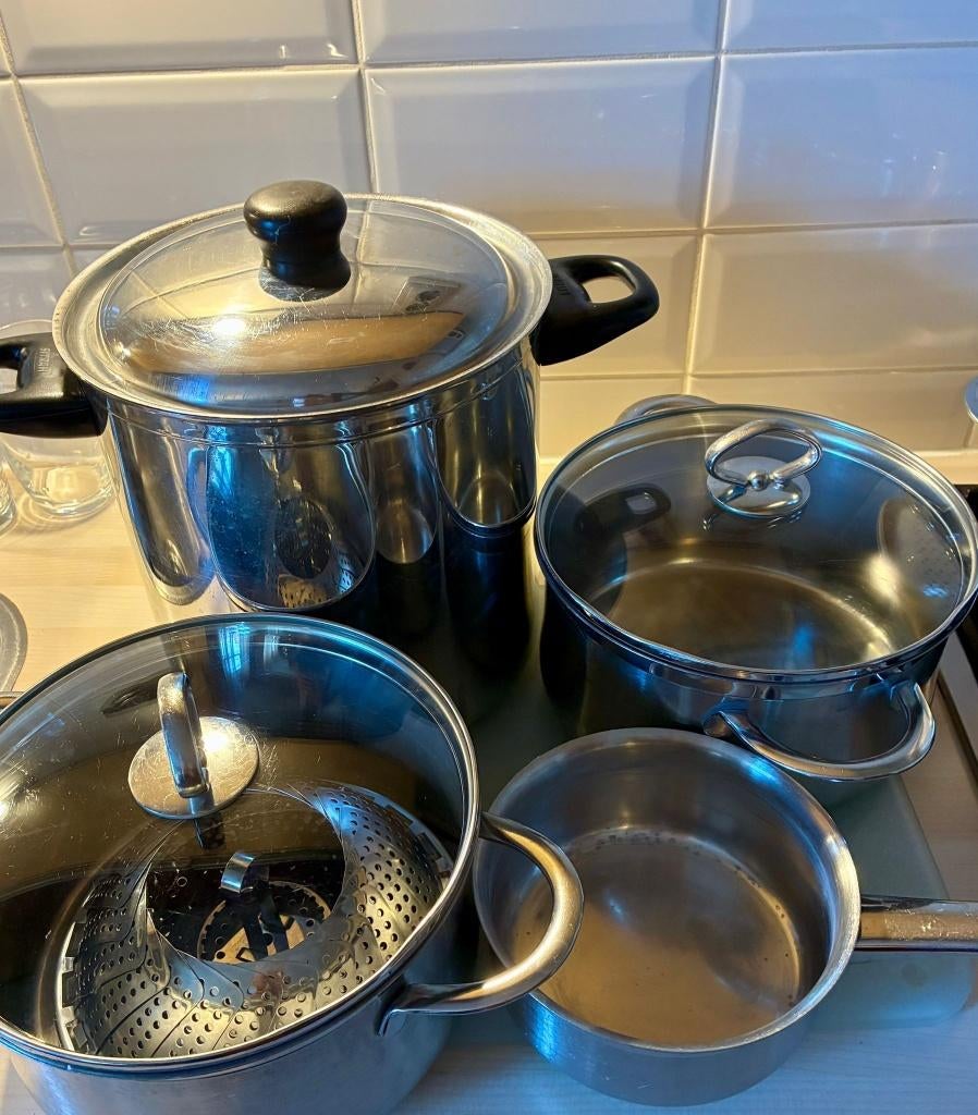 Pannen, Huis en Inrichting, Keuken | Potten en Pannen, Ophalen of Verzenden, Gebruikt, Rvs, Pannenset
