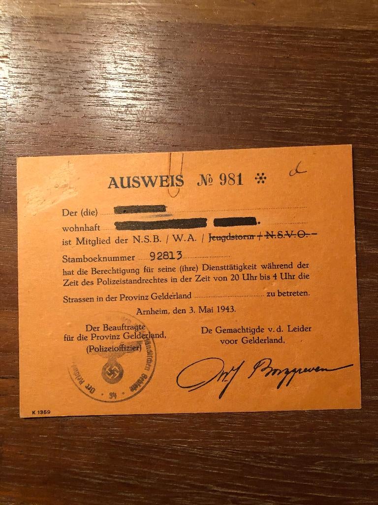 1943 NSB. Ausweis voor NSB-lid (naam en adres zwart gemaakt,, Verzamelen, Verzenden, Overige soorten, Nederland, Overige typen