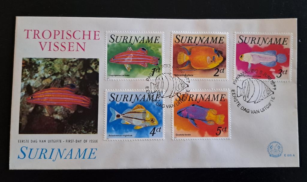 Suriname FDC enveloppe E015A Tropische Vissen 1977, Postzegels en Munten, Postzegels | Eerstedagenveloppen, Ophalen of Verzenden