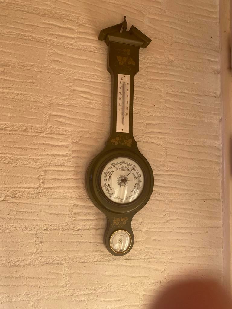 Vintage Weerstation met Thermometer en Barometer, Ophalen of Verzenden, Gebruikt, Weerstation
