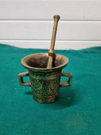 -	Vijzel met stamper zwaar messing antiek frans, Verzamelen, Ophalen of Verzenden