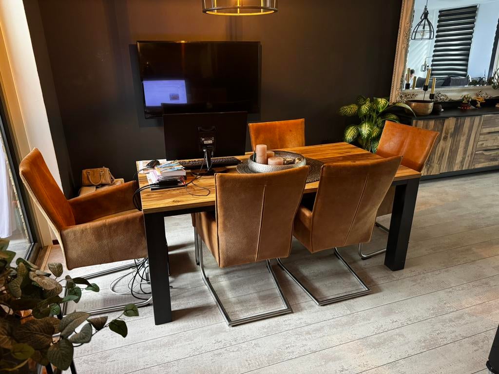 Set van 6 luxe eetkamerstoelen – cognac kleur – industrieel, Huis en Inrichting, Stoelen, Ophalen, Zo goed als nieuw, Bruin, Metaal