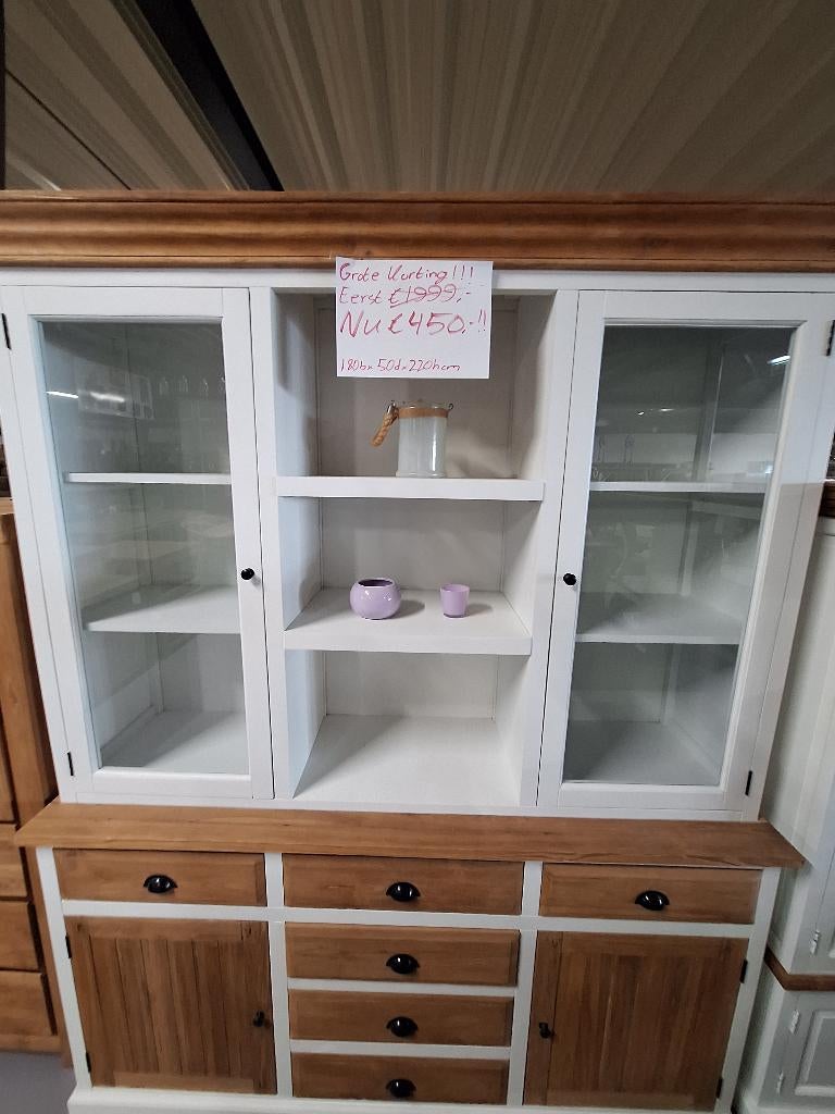 Grote landelijke buffetkast wit met teakhout, Ophalen, Met deur(en), 200 cm of meer, Glas