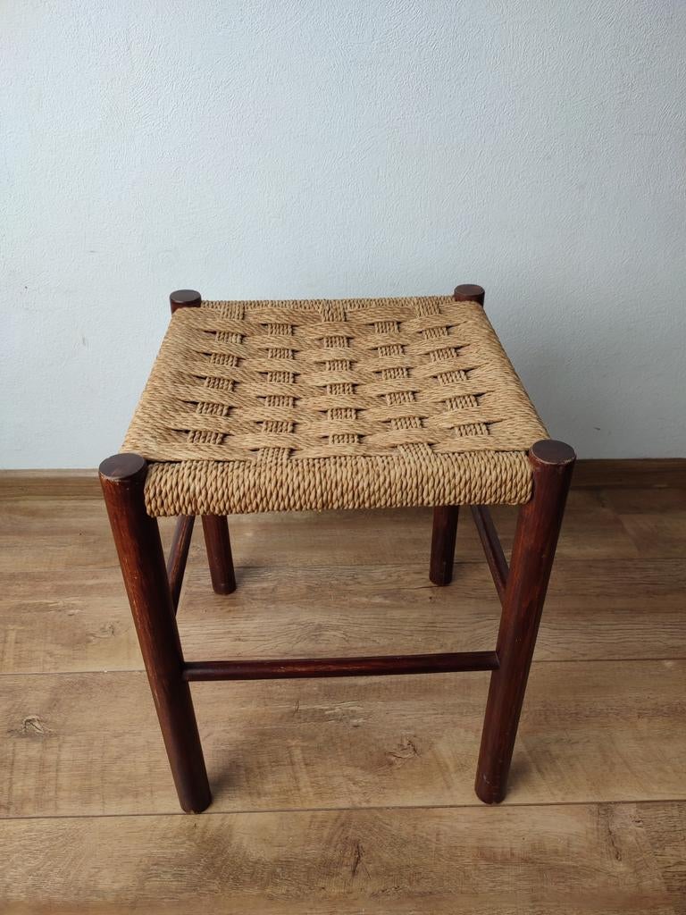 Jaren '70 kruk krukjes Deens Gevlochten sisal hout Vintage, Verzenden, Gebruikt, Hout