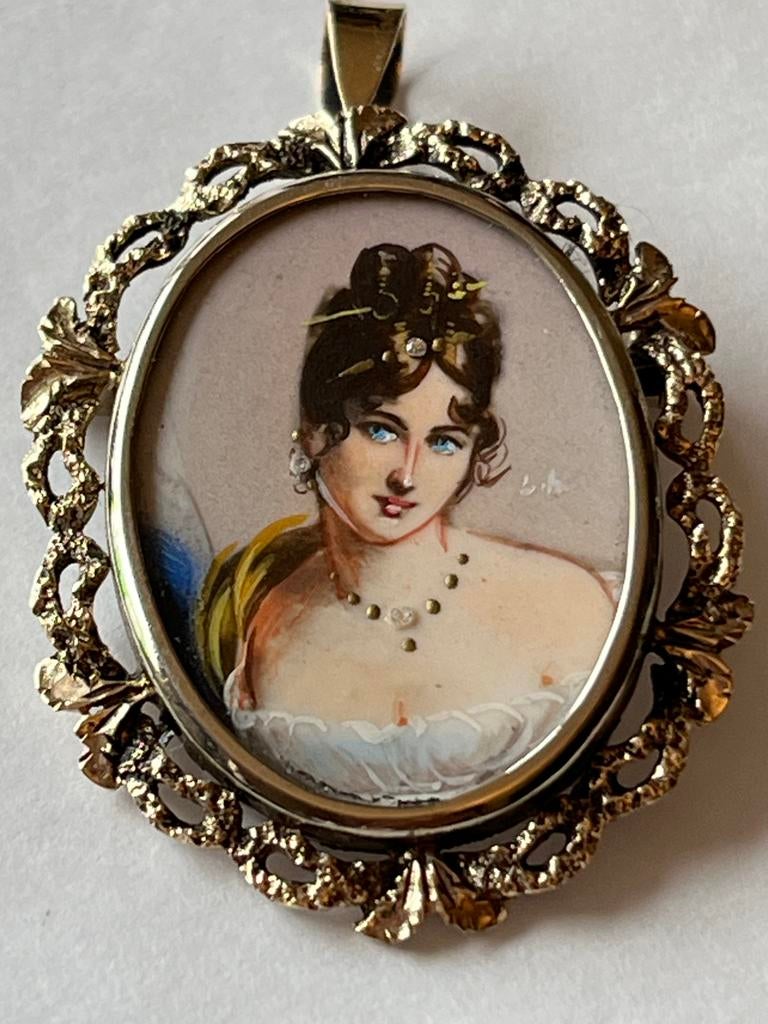 Gouden hanger/broche handgeschilderd portret met diamant, 4 tot 7 cm, Verzenden, Zo goed als nieuw, Met edelsteen