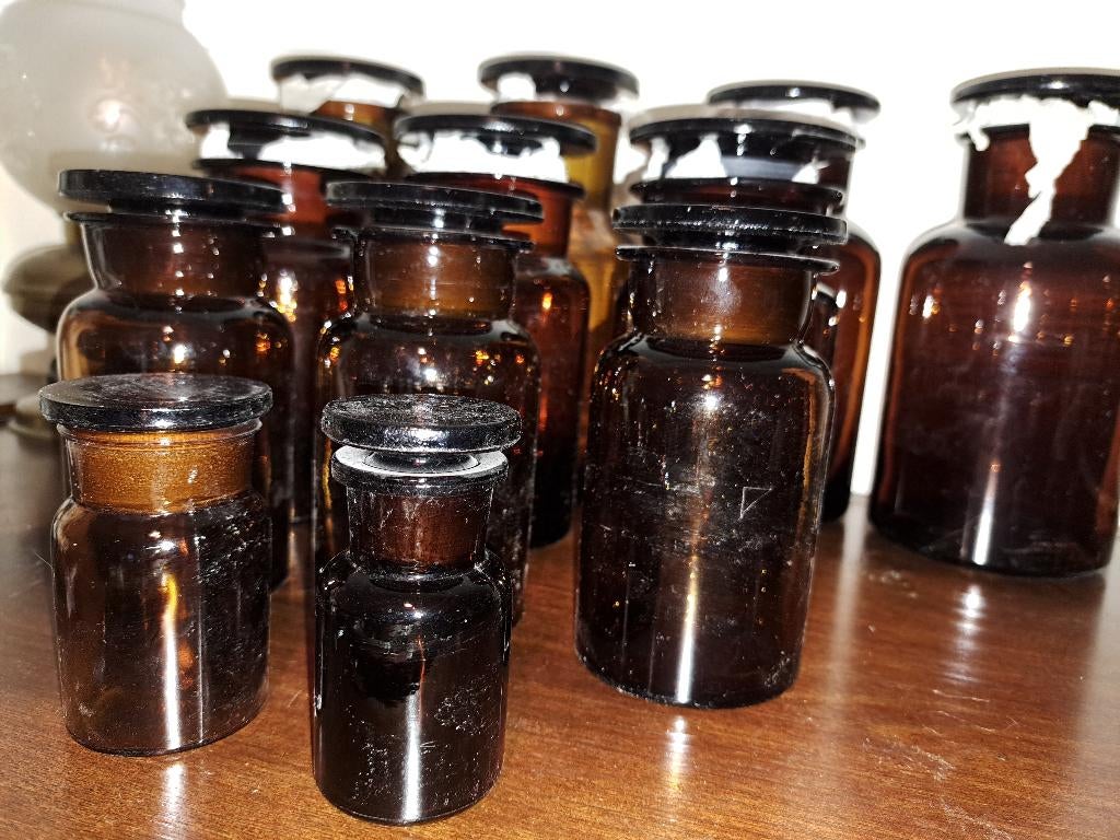 Vintage Apothekerspotten glas amber diverse maten, Antiek en Kunst, Ophalen