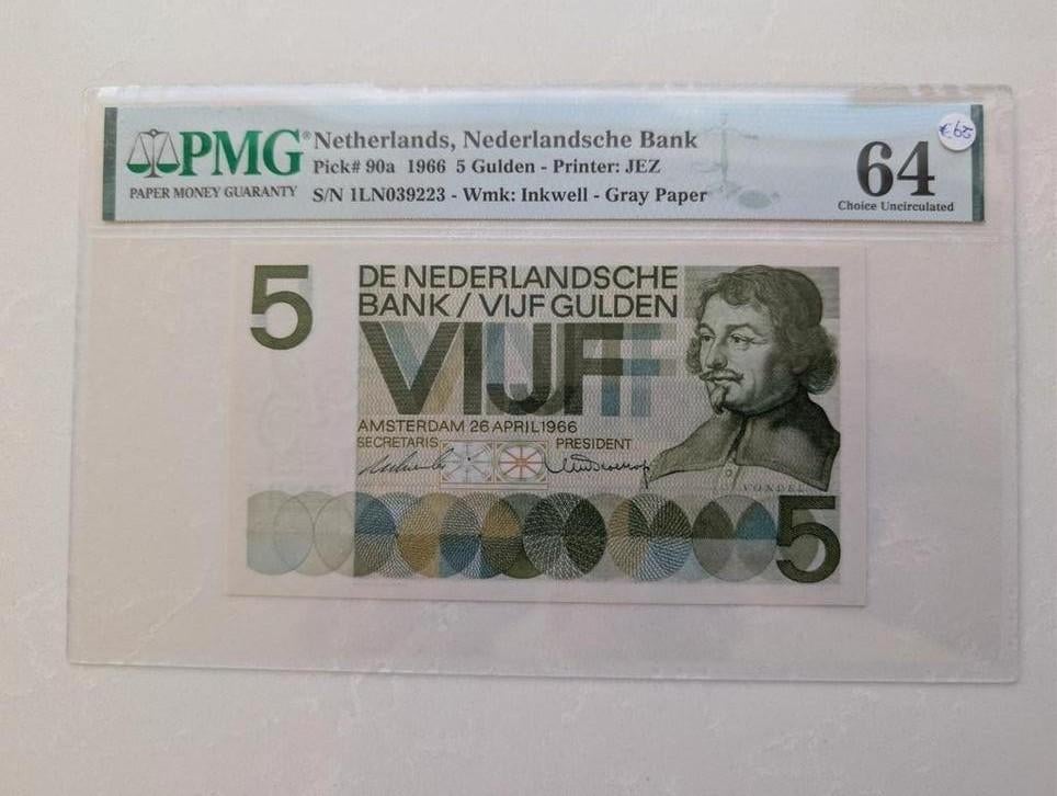 5 gulden 1966 Vondel I UNC PMG64, Postzegels en Munten, Bankbiljetten | Nederland, Ophalen of Verzenden, 5 gulden, Los biljet