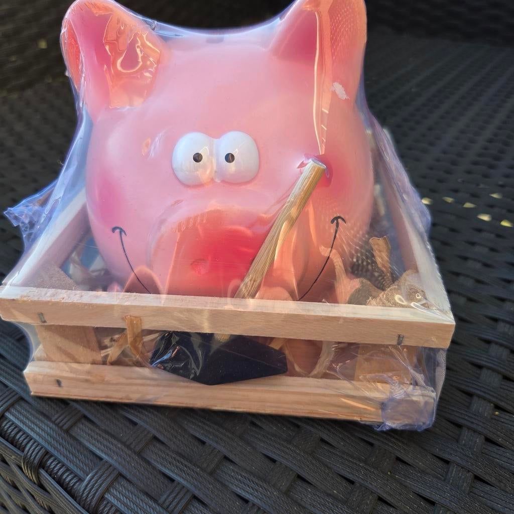 Spaarpot spaarvarken varken met hamertje in houten kistje, Verzamelen, Spaarpotten, Ophalen of Verzenden, Nieuw, Steen, Aardewerk of Keramiek