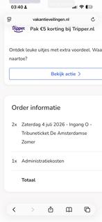 Amsterdamse Zomer 2x Tribune Tickets Zaterdag, Twee personen, Juli