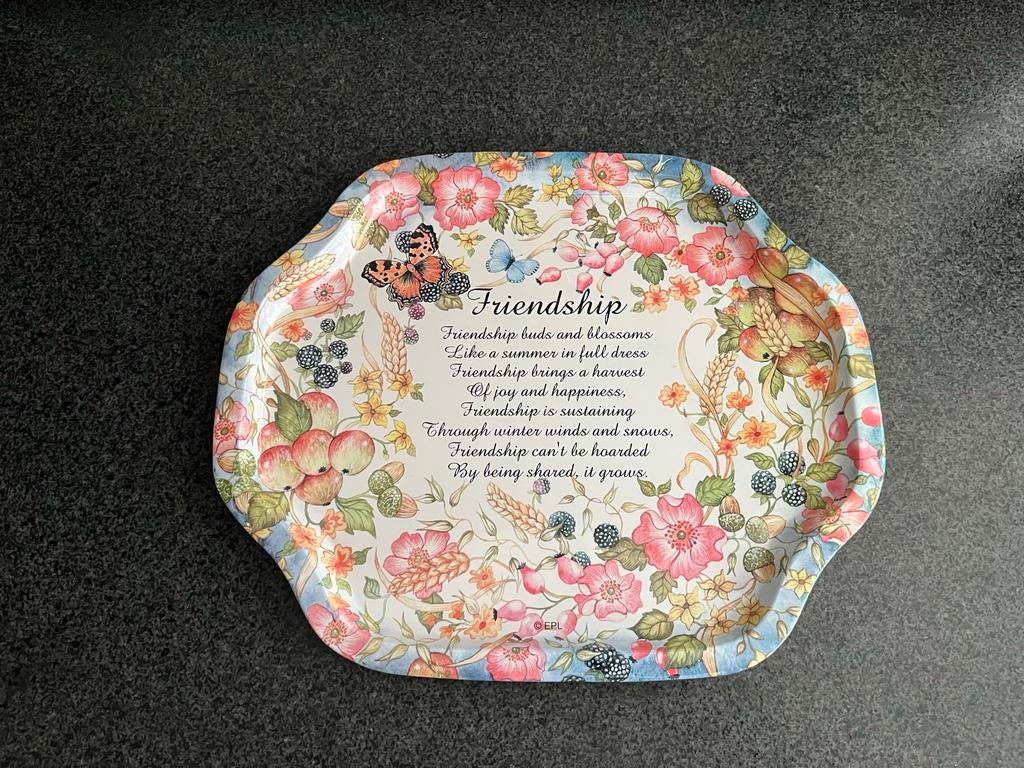 Metalen dienblad Friendship met bloemen en vlinders, Huis en Inrichting, Woonaccessoires | Dienbladen, Ophalen of Verzenden, Zo goed als nieuw