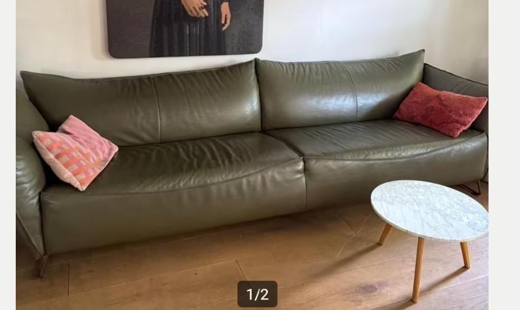 Bank Jess Design, 4,5 zit, leer, olijfgroen, Huis en Inrichting, Banken | Bankstellen, Ophalen, 250 tot 300 cm, 75 tot 100 cm