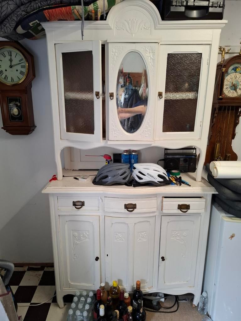 Witte buffetkast met spiegel en glazen deuren, Ophalen of Verzenden