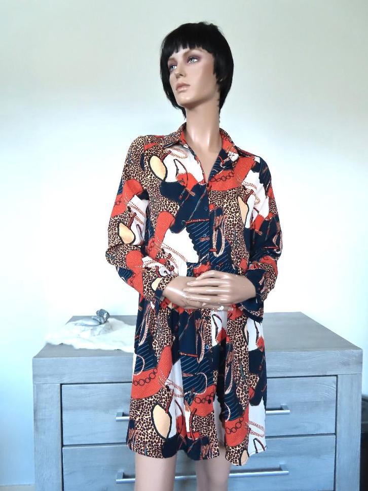 GUTS & GUSTO Blauw/Rood/Bruine Panterprint Jurk S-M, Kleding | Dames, Jurken, Zo goed als nieuw, Maat 38/40 (M), Blauw, Boven de knie