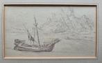 Schip met drakenkop. Gesigneerd WN. Litho of prent., Ophalen of Verzenden