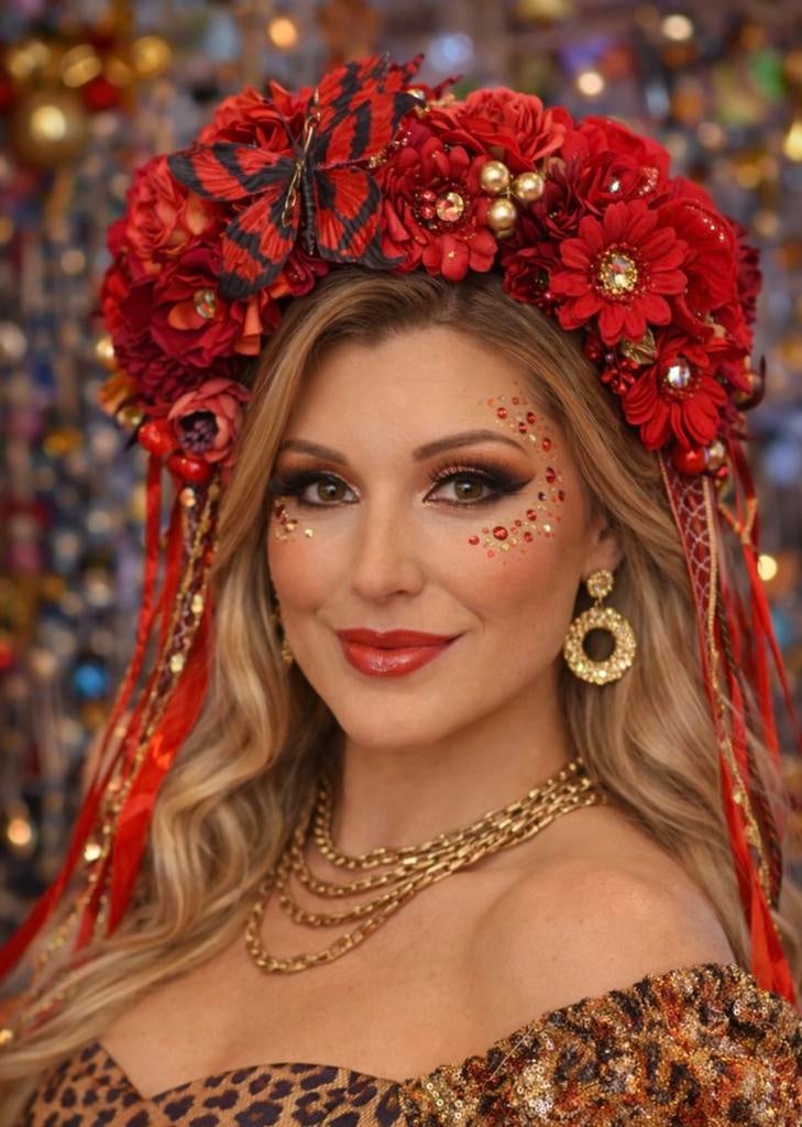 Rode bloemenbeugel met linten en gouden details Bloemfetti, Ophalen of Verzenden, Nieuw, Carnaval