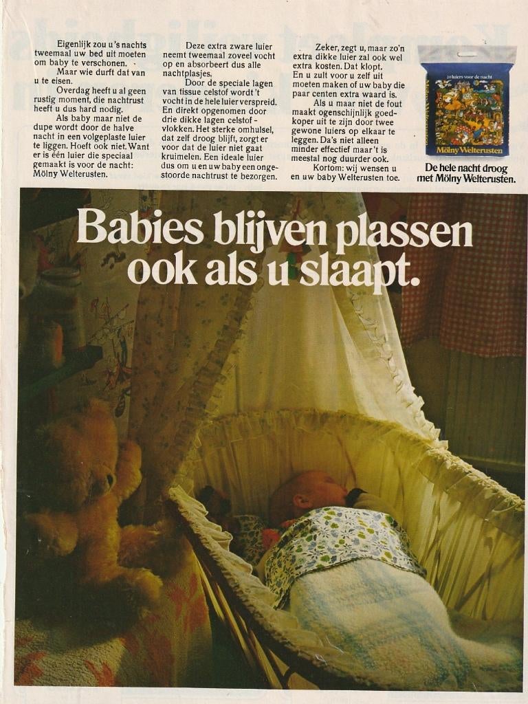 Retro reclame 1975 Mölny baby luiers slapend in wiegje, Verzamelen, Retro, Verzenden, Overige typen