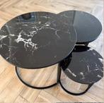 Set van 3 Marmeren Salontafels - Zwart met Witte Ader, Huis en Inrichting, Overige materialen, Rond, Zo goed als nieuw, Minder dan 50 cm