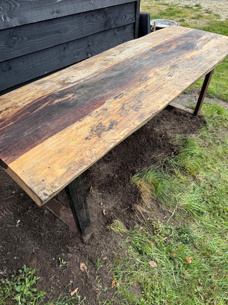 Suar houten tafel 220 x 72cm ijzeren onderstel, Ophalen, Gebruikt, Rechthoekig, Hout
