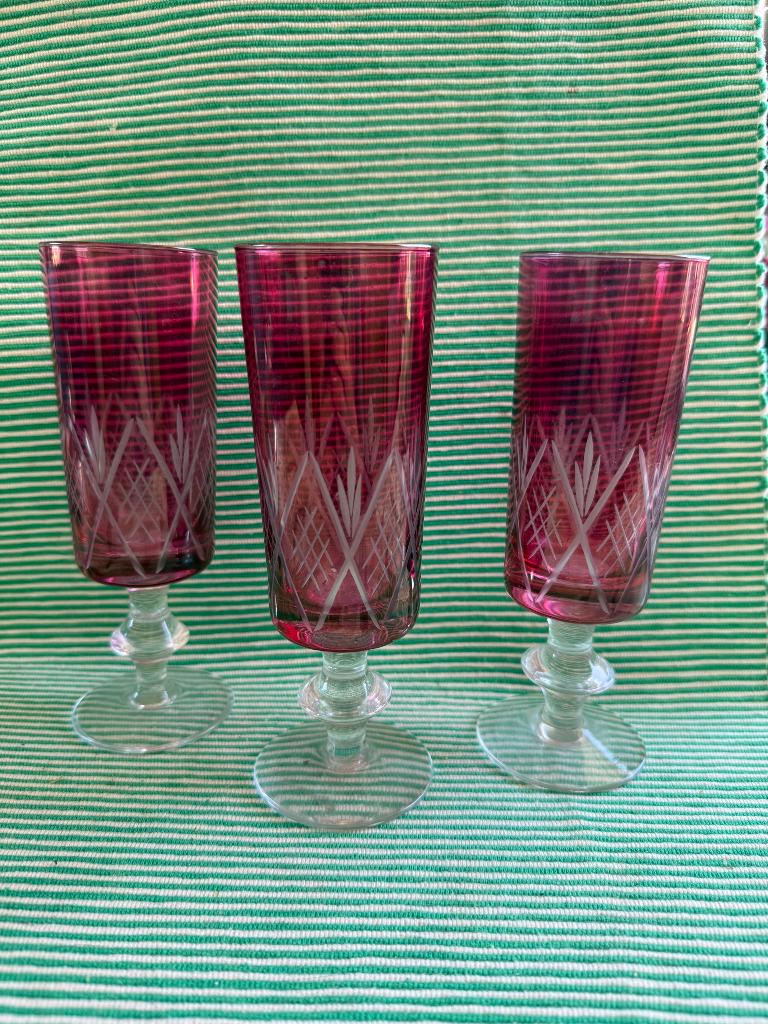3 Boheemse vintage drankglazen kristal gegraveerd, Ophalen of Verzenden