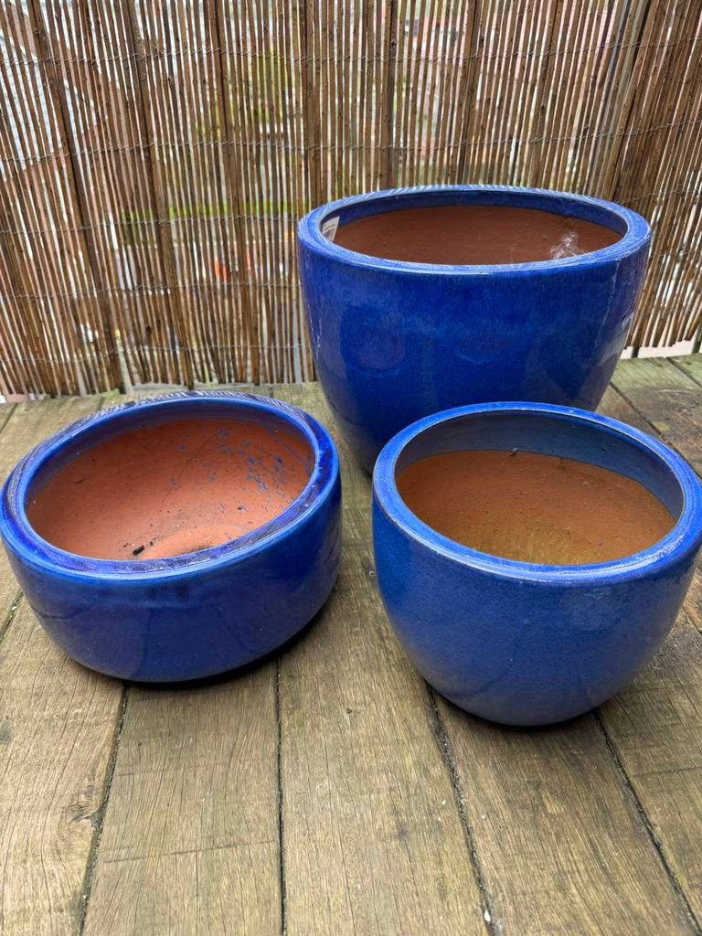 Mooie blauwe bloempotten, diverse maten, Tuin en Terras, Bloempotten, Gebruikt, 40 cm of meer, Rond, Binnen